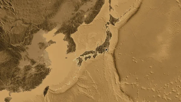 Japon Sınır Bölgesine Bölgesel Sınırlarına Sepya Yüksekliği Haritasında Yakın Plan — Stok fotoğraf