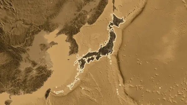 Detailní Záběr Pohraniční Oblasti Japonska Zvýrazňující Tmavou Vrstvu Mapě Nadmořské — Stock fotografie