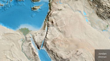 Ürdün sınır bölgesinin uydu haritasında yakın plan görüntüsü. Ana nokta. Ülke çapında bir taslak oluşturun. Ülkenin ve başkentinin İngilizce adı