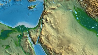 Ürdün sınır bölgesinin ve onun bölgesel sınırlarının fiziksel bir haritada yakınlaştırılması. Ana nokta. Ülke şekli etrafında özet geç. 
