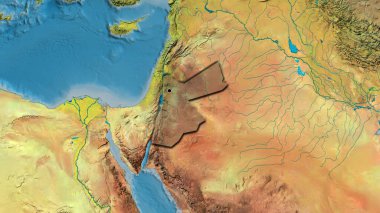 Ürdün sınır bölgesinin, topoğrafik haritada koyu bir örtüyle ışıklandırılması. Ana nokta. Ülkenin kıvrımlı kenarları. 