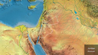 Ürdün sınır bölgesinin ve onun bölgesel sınırlarının bir topoğrafik haritada yakınlaştırılması. Ana nokta. Ülke çapında bir taslak oluşturun. Ülkenin ve başkentinin İngilizce adı