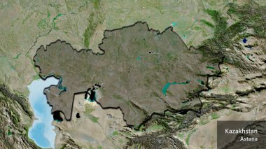 Kazakistan sınır bölgesinin uydu haritasında koyu bir örtüyle işaretlenmiş yakın çekimi. Ana nokta. Kırsal kesimin kıvrımlı kenarları. Ülkenin ve başkentinin İngilizce adı