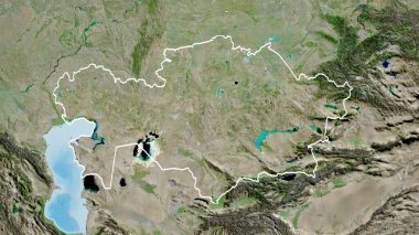 Kazakistan sınır bölgesinin uydu haritasında yakın plan görüntüsü. Ana nokta. Ülke şekli etrafında özet geç. 