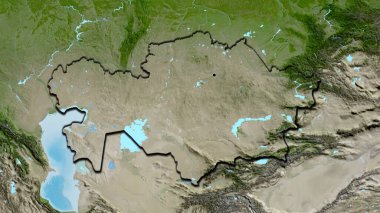 Kazakistan sınır bölgesinin uydu haritasında yakın plan görüntüsü. Ana nokta. Ülkenin kıvrımlı kenarları. 