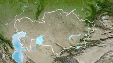 Kazakistan sınır bölgesinin uydu haritasında yakın plan görüntüsü. Ana nokta. Ülke çapında parıltı. 