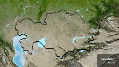 Kazakistan sınır bölgesinin uydu haritasında yakın plan görüntüsü. Ana nokta. Kırsal kesimin kıvrımlı kenarları. Ülkenin ve başkentinin İngilizce adı
