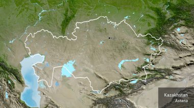 Kazakistan sınır bölgesinin uydu haritasında yakın plan görüntüsü. Ana nokta. Ülke çapında bir taslak oluşturun. Ülkenin ve başkentinin İngilizce adı