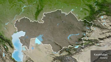 Kazakistan sınır bölgesinin uydu haritasında koyu bir örtüyle işaretlenmiş yakın çekimi. Ana nokta. Ülke çapında bir taslak oluşturun. Ülkenin ve başkentinin İngilizce adı