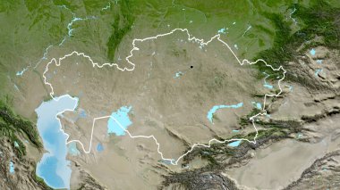 Kazakistan sınır bölgesinin uydu haritasında yakın plan görüntüsü. Ana nokta. Ülke şekli etrafında özet geç. 