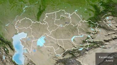 Kazakistan sınır bölgesinin ve bölgesel sınırlarının uydu haritasına yakın çekim. Ana nokta. Ülke çapında bir taslak oluşturun. Ülkenin ve başkentinin İngilizce adı