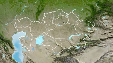 Kazakistan sınır bölgesinin ve bölgesel sınırlarının uydu haritasına yakın çekim. Ana nokta. Ülke şekli etrafında özet geç. 