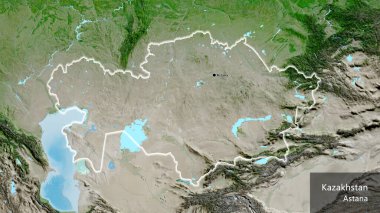 Kazakistan sınır bölgesinin uydu haritasında yakın plan görüntüsü. Ana nokta. Ülke çapında parıldıyor. Ülkenin ve başkentinin İngilizce adı