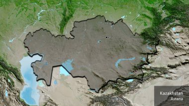 Kazakistan sınır bölgesinin uydu haritasında koyu bir örtüyle işaretlenmiş yakın çekimi. Ana nokta. Kırsal kesimin kıvrımlı kenarları. Ülkenin ve başkentinin İngilizce adı