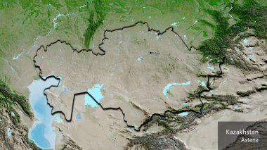 Kazakistan sınır bölgesinin uydu haritasında yakın plan görüntüsü. Ana nokta. Kırsal kesimin kıvrımlı kenarları. Ülkenin ve başkentinin İngilizce adı