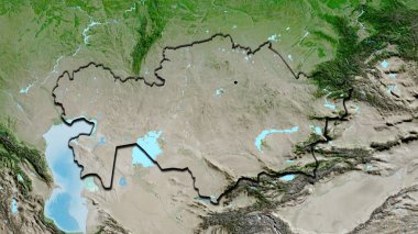 Kazakistan sınır bölgesinin uydu haritasında yakın plan görüntüsü. Ana nokta. Ülkenin kıvrımlı kenarları. 