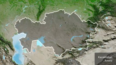Kazakistan sınır bölgesinin uydu haritasında koyu bir örtüyle işaretlenmiş yakın çekimi. Ana nokta. Ülke çapında parıldıyor. Ülkenin ve başkentinin İngilizce adı