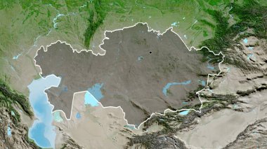 Kazakistan sınır bölgesinin uydu haritasında koyu bir örtüyle işaretlenmiş yakın çekimi. Ana nokta. Ülke şekli etrafında özet geç. 