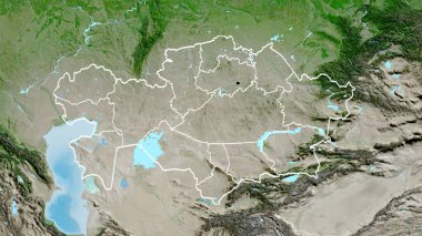 Kazakistan sınır bölgesinin ve bölgesel sınırlarının uydu haritasına yakın çekim. Ana nokta. Ülke şekli etrafında özet geç. 