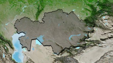 Kazakistan sınır bölgesinin uydu haritasında koyu bir örtüyle işaretlenmiş yakın çekimi. Ana nokta. Ülkenin kıvrımlı kenarları. 