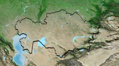 Kazakistan sınır bölgesinin uydu haritasında yakın plan görüntüsü. Ana nokta. Ülkenin kıvrımlı kenarları. 