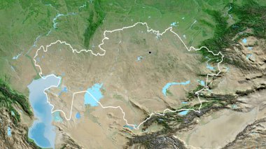 Kazakistan sınır bölgesinin uydu haritasında yakın plan görüntüsü. Ana nokta. Ülke şekli etrafında özet geç. 