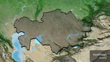 Kazakistan sınır bölgesinin uydu haritasında koyu bir örtüyle işaretlenmiş yakın çekimi. Ana nokta. Kırsal kesimin kıvrımlı kenarları. Ülkenin ve başkentinin İngilizce adı