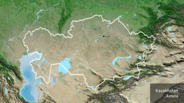Kazakistan sınır bölgesinin uydu haritasında yakın plan görüntüsü. Ana nokta. Ülke çapında parıldıyor. Ülkenin ve başkentinin İngilizce adı