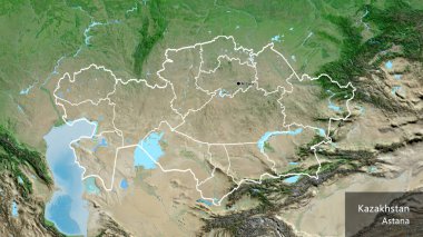 Kazakistan sınır bölgesinin ve bölgesel sınırlarının uydu haritasına yakın çekim. Ana nokta. Ülke çapında bir taslak oluşturun. Ülkenin ve başkentinin İngilizce adı