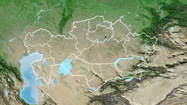 Kazakistan sınır bölgesinin ve bölgesel sınırlarının uydu haritasına yakın çekim. Ana nokta. Ülke şekli etrafında özet geç. 