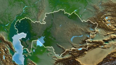 Kazakistan sınır bölgesinin yakın çekimleri fiziksel bir harita üzerinde koyu bir örtüyle vurgulanıyor. Ana nokta. Ülke çapında parıltı. 