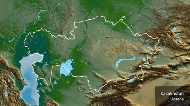Fiziksel bir haritada Kazakistan sınırına yakın çekim. Ana nokta. Ülke çapında bir taslak oluşturun. Ülkenin ve başkentinin İngilizce adı