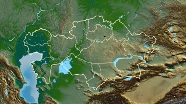 Fiziksel haritada Kazakistan sınırına ve bölgesel sınırlarına yakın çekim. Ana nokta. Ülke şekli etrafında özet geç. 