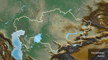 Kazakistan sınır bölgesinin yakınındaki bir haritada. Ana nokta. Ülke çapında parıldıyor. Ülkenin ve başkentinin İngilizce adı