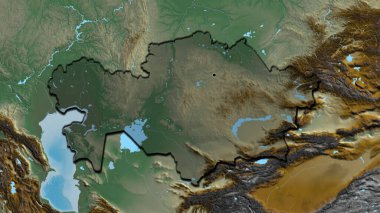 Kazakistan sınır bölgesinin yakın çekimleri bir yardım haritasında koyu bir örtüyle vurgulanıyor. Ana nokta. Ülkenin kıvrımlı kenarları. 