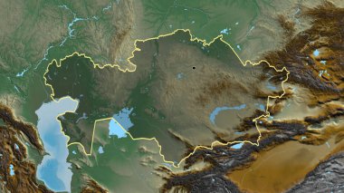 Kazakistan sınır bölgesinin yakın çekimleri bir yardım haritasında koyu bir örtüyle vurgulanıyor. Ana nokta. Ülke şekli etrafında özet geç. 