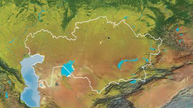 Bir topografik haritada Kazakistan sınır bölgesinin yakın çekimleri. Ana nokta. Ülke şekli etrafında özet geç. 