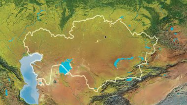 Bir topografik haritada Kazakistan sınır bölgesinin yakın çekimleri. Ana nokta. Ülke çapında parıltı. 