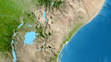 Kenya sınır bölgesinin uydu haritasında yakın plan görüntüsü. Ana nokta. Ülke şekli etrafında özet geç. 