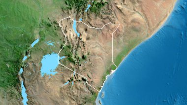 Kenya sınır bölgesinin uydu haritasında yakın plan görüntüsü. Ana nokta. Ülke şekli etrafında özet geç. 