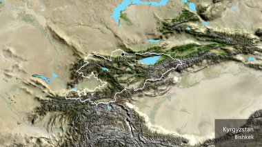 Kırgızistan sınırına bir uydu haritasında yakın plan. Ana nokta. Ülke çapında bir taslak oluşturun. Ülkenin ve başkentinin İngilizce adı