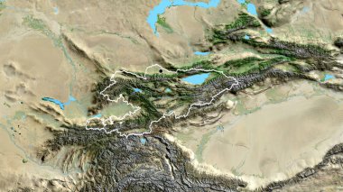 Kırgızistan sınırına bir uydu haritasında yakın plan. Ana nokta. Ülke şekli etrafında özet geç. 