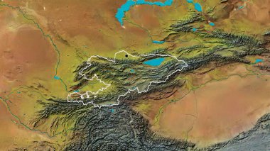 Kırgızistan sınır bölgesinin bir topoğrafik haritada yakın plan görüntüsü. Ana nokta. Ülke şekli etrafında özet geç. 