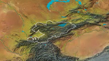 Kırgızistan sınır bölgesinin yakın planında bir topoğrafik haritada koyu bir örtüyle vurgulanıyor. Ana nokta. Ülke şekli etrafında özet geç. 