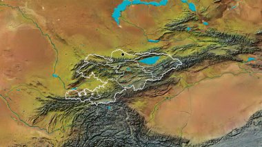 Kırgızistan sınırına ve bölgesel sınırlarına bir topoğrafik harita üzerinde yakın plan. Ana nokta. Ülke şekli etrafında özet geç. 
