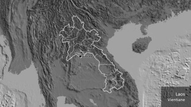 Laos sınır bölgesine ve bölgesel sınırlarına bir bileklik haritasında yakın plan. Ana nokta. Ülke çapında bir taslak oluşturun. Ülkenin ve başkentinin İngilizce adı