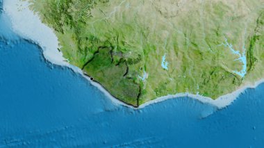 Liberya sınır bölgesinin yakın çekimleri uydu haritasında koyu bir örtüyle vurgulanıyor. Ana nokta. Ülkenin kıvrımlı kenarları. 