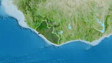 Liberya sınır bölgesinin yakın çekimleri uydu haritasında koyu bir örtüyle vurgulanıyor. Ana nokta. Ülke şekli etrafında özet geç. 