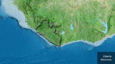 Liberya sınır bölgesinin uydu haritasında yakın plan görüntüsü. Ana nokta. Kırsal kesimin kıvrımlı kenarları. Ülkenin ve başkentinin İngilizce adı
