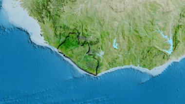 Liberya sınır bölgesinin uydu haritasında yakın plan görüntüsü. Ana nokta. Ülkenin kıvrımlı kenarları. 